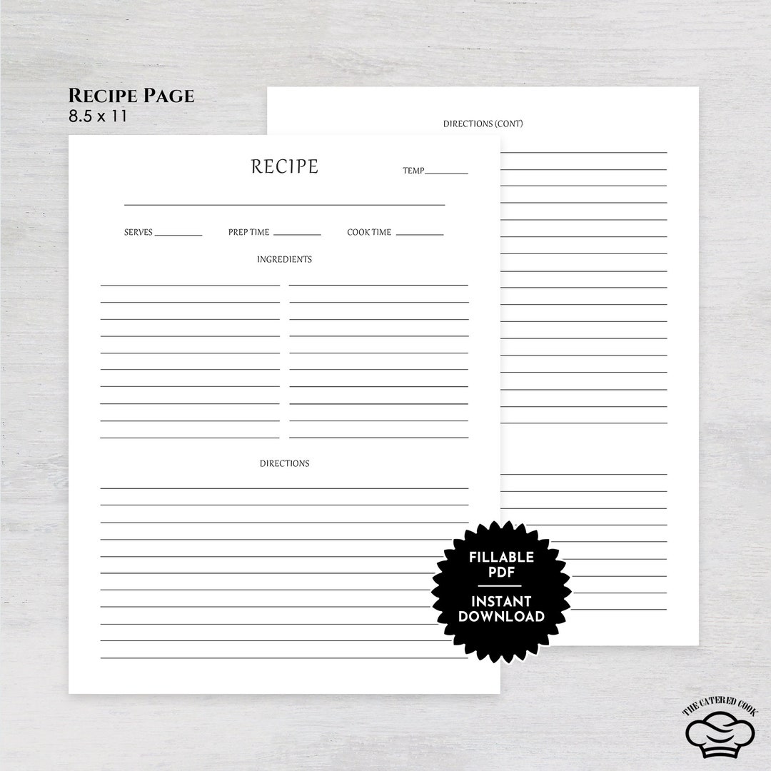 Printable 8.5 X 11 Recipe Page With Minimalist Design Style, Fillable 8 ...
