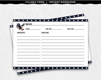 Tarjeta de recetas rellenable de 4 x 6 con diseño del Día de los Caídos, imprimible y descarga instantánea.