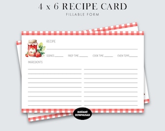Fillable 4 x 6 Recipe Card With Strawberry Jam and Red Gingham Border, Printable Instant Download