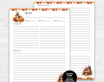 8.5 X 11 Recipe Page With a Touch of Fall Border, Fillable Form Recipe ...
