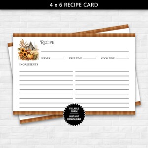 Cartão de receita 4 x 6 com uma cena rústica de outono no campo, cartão de receita com formulário preenchível, cartão de receita para impressão, download instantâneo de cartão de receita 4 x 6