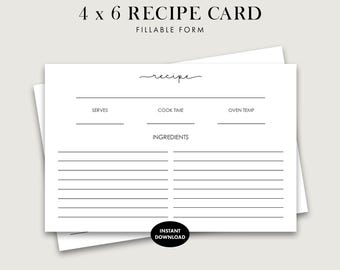 Recipe Card With a Fancy Style Title, Fillable Form Recipe Card, Printable 4 x 6 Instant Download PDF