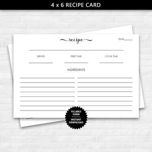 Carte de recette imprimable 4 x 6 avec titre fantaisie, carte de recette sous forme de formulaire à remplir, carte de recette vierge, téléchargement immédiat carte de recette 4 x 6
