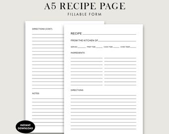 May include: Two white A5 recipe pages with black text and lines. The front page features fields for recipe name, kitchen of, serves, prep time, cook time, oven temp, ingredients, and directions. The second page includes directions and notes sections.