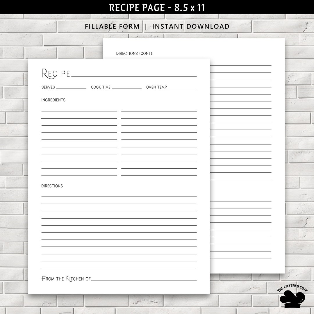 Printable 8.5 X 11 Recipe Page With Minimalist Design, Fillable Recipe ...