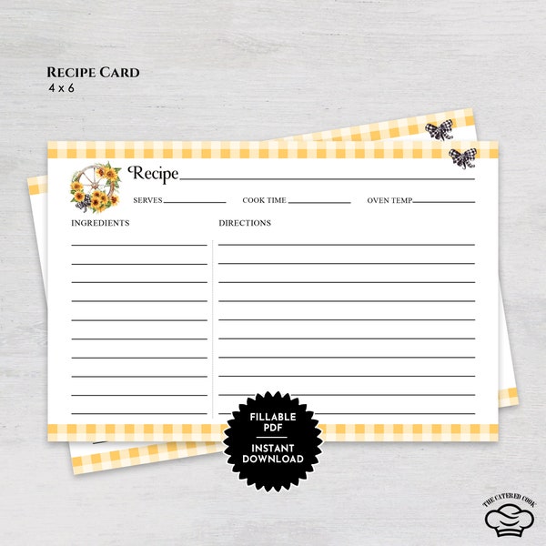 Printable 4 x 6 Recipe Card With Farmhouse Sunflowers, Fillable Recipe Card, Blank Recipe Card, Gift for Her, Instant 4 x 6 Download Card