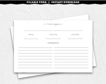 Fillable 4 x 6 Recipe Card With a Fancy Style Title, Printable Instant Download