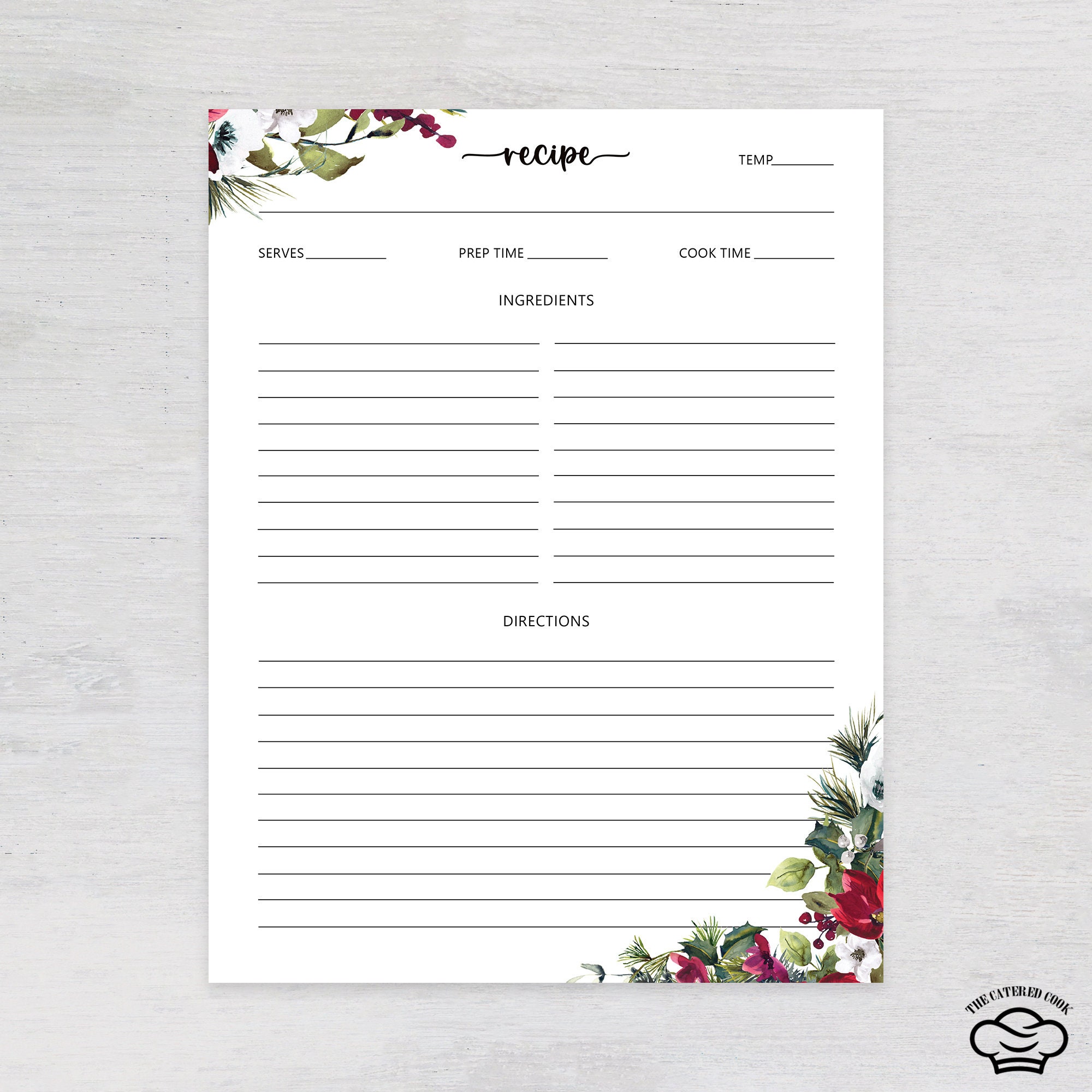 Printable 8.5 X 11 Recipe Page With Beautiful Red Flowers, Fillable 8.5 ...