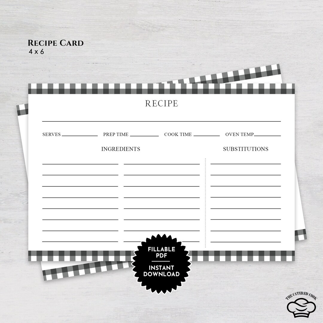 Printable 4 X 6 Recipe Card With Gingham Border, Fillable Recipe Card ...