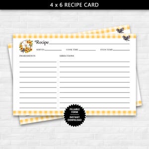 Cartão de receita 4 x 6 com girassóis amarelos de fazenda, cartão de receita preenchível para cozinhar, cartão de receita para impressão, cartão de receita para download instantâneo