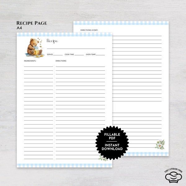 Printable A4 Recipe Page with Cute Honey Bear, Fillable A4 Recipe Page, Blank A4 Recipe Page, Gift for Her, Instant Download A4 Recipe Page