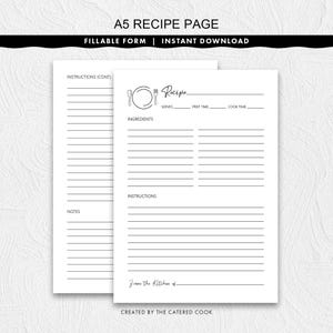 Página de recetas A5 rellenable con diseño de plato, imprimible y descarga instantánea