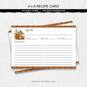 Fillable 4 x 6 Recipe Card With a Rustic Fall Country Scene, Printable Instant Download