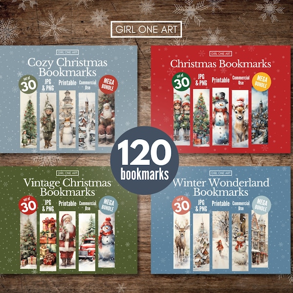 120 Printable Bookmarks Super Bundle Christmas Winter Cozy Santa Villages Elves Downloadable PNG JPG Commercial Use Sublimation Party Favors