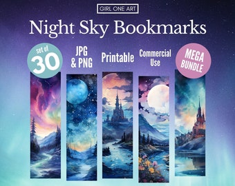 May include: A set of 30 printable night sky bookmarks featuring watercolour illustrations of castles, moons, and stars. The bookmarks are available in JPG and PNG format and are for commercial use.