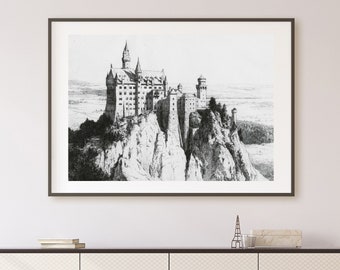 Castle Neuschwanstein Sketch Downloadable Digital Wall Art Historical Europe Inspired Sleeping Beauty's Castle at Disnelyand