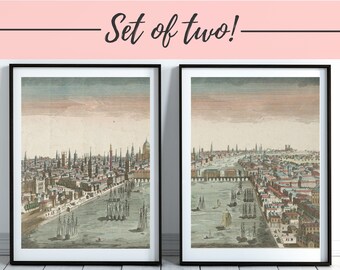 Wall Art, London on the Thames Set of 2 Digital Cityscape Prints 18th c. European Architecture