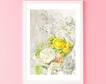 Yellow Roses Botanical Print Digital Downloadable Floral Art Boho Chic Mid Century Modern Country Dorm Art