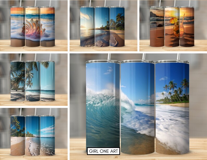 May include: Set of three stainless steel tumblers with different beach scenes. The first tumbler features a seashell on a sandy beach. The second tumbler shows a beach with palm trees and a sunset. The third tumbler has a beach with a wave crashing on the shore.