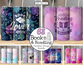 May include: A set of 68 book and reading themed tumbler wraps. The wraps feature various designs including floral patterns, watercolor backgrounds, and text such as "Book Lover", "Reading is Magical", and "Drink Tea Read Books".
