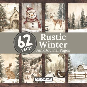Rustieke winter ongewenste dagboekpagina's digitale JPG kerst bos bos papier aquarel kerst achtergronden vos hert beer sprookje papieren DIY
