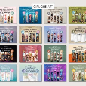 May include: A collection of 12 different printable bookmark designs featuring various themes, including cute baby animals, fantasy mermaids, country puppies, botanical academia, fantasy fairy tales, fantasy academia, fantasy dragons, reading list, dark academia, highland cow, cuddly kittens, whimsical girls, bible study, book quotes reading list, fantasy starry night, and spring meadows. Each design includes a title and a number of bookmarks per set.