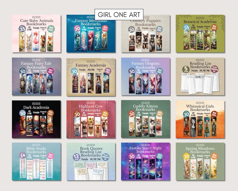 May include: A collection of 12 different printable bookmark designs featuring various themes, including cute baby animals, fantasy mermaids, country puppies, botanical academia, fantasy fairy tales, fantasy academia, fantasy dragons, reading list, dark academia, highland cow, cuddly kittens, whimsical girls, bible study, book quotes reading list, fantasy starry night, and spring meadows. Each design includes a title and a number of bookmarks per set.