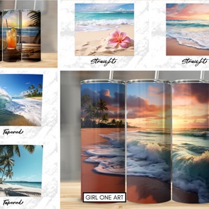 May include: Three stainless steel tumblers with different beach scenes. The first tumbler features a sunset over the ocean with palm trees. The second tumbler features a wave crashing on the shore. The third tumbler features a beach with a pink flower.