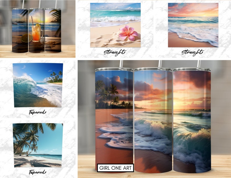 May include: Three stainless steel tumblers with different beach scenes. The first tumbler features a sunset over the ocean with palm trees. The second tumbler features a wave crashing on the shore. The third tumbler features a beach with a pink flower.