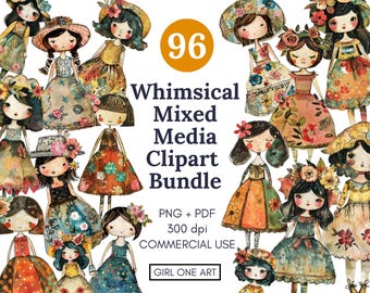 Whimsical Girls Clipart Set: Mixed Media Paper Dolls Junk Journal Scrapbook Ephemera (PNG, Digital Download)