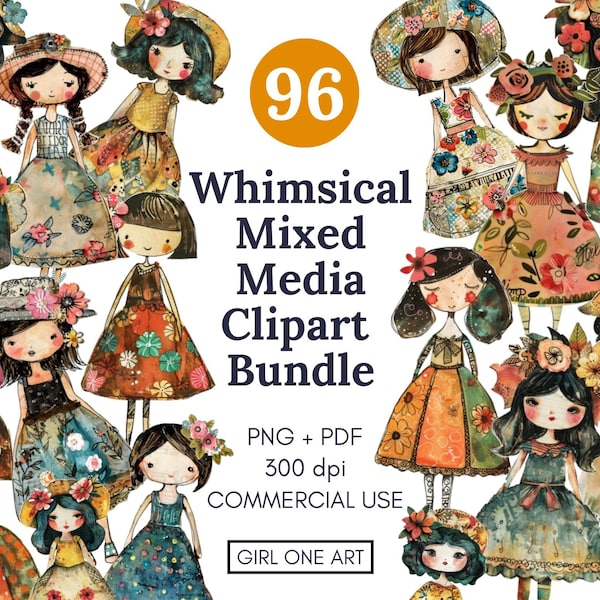 Whimsical Girls Clipart Set: Mixed Media Paper Dolls Junk Journal Scrapbook Ephemera (PNG, Digital Download)