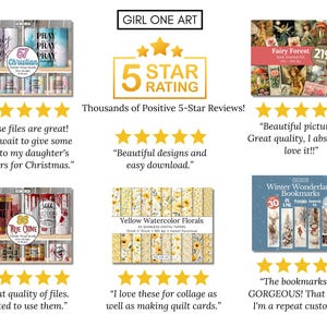 Puede incluir: Imagen promocional de productos digitales, incluyendo vasos, papeles digitales y marcadores. La imagen incluye rese&ntilde;as de clientes y un gr&aacute;fico de calificaci&oacute;n de 5 estrellas. El texto "GIRL ONE ART" est&aacute; en la parte superior.