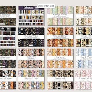 K&ouml;nnte beinhalten: Eine Sammlung digitaler Papierpakete mit verschiedenen Themen, darunter Gothic Bookshelf, Halloween, Vintage Blooms und Vintage Cats. Jedes Paket enth&auml;lt 20 nahtlose digitale Papiere. Der Text "GIRL ONE ART" ist oben zu sehen.