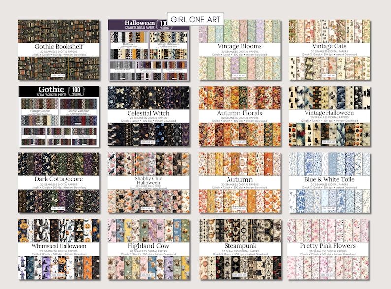 K&ouml;nnte beinhalten: Eine Sammlung digitaler Papierpakete mit verschiedenen Themen, darunter Gothic Bookshelf, Halloween, Vintage Blooms und Vintage Cats. Jedes Paket enth&auml;lt 20 nahtlose digitale Papiere. Der Text "GIRL ONE ART" ist oben zu sehen.