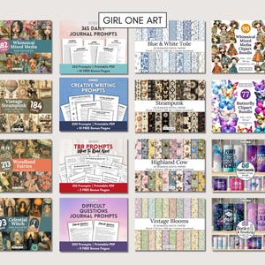 May include: A collage of digital products for creatives, including journal prompts, clipart, digital papers, and printable PDFs. The products feature whimsical themes such as fairies, steampunk, and butterflies.