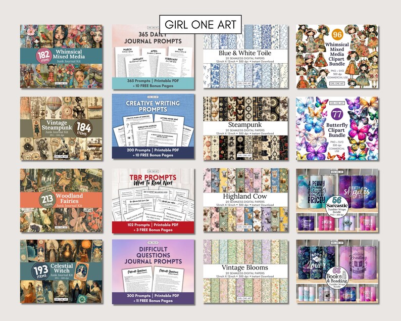 May include: A collage of digital products for creatives, including journal prompts, clipart, digital papers, and printable PDFs. The products feature whimsical themes such as fairies, steampunk, and butterflies.