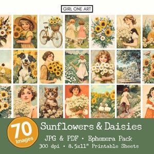 Lot de tournesols et de marguerites éphémères Journal indésirable imprimable ATC floral victorien printemps rustique Cottagecore pages jardin papier carte ancienne