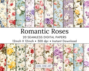 May include: A set of 20 digital papers featuring romantic rose floral patterns in various colors, including pink, yellow, purple, and blue. The papers are 12 inches by 12 inches and 300 dpi.  "Romantic Roses" and "Girl One Art" are written on the image.