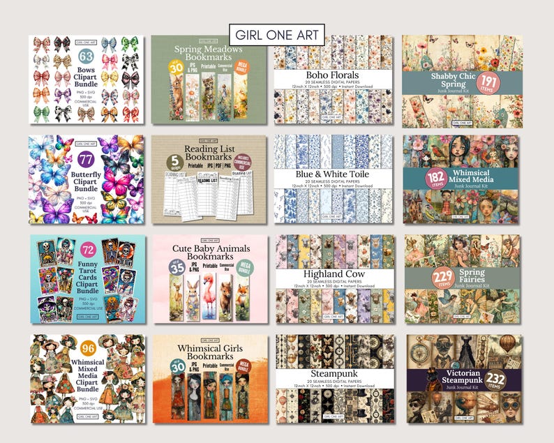 May include: A collection of digital art bundles, including bookmarks, clipart, and journal kits. Themes include bows, butterflies, tarot cards, baby animals, florals, and steampunk designs. The image features the text "GIRL ONE ART".