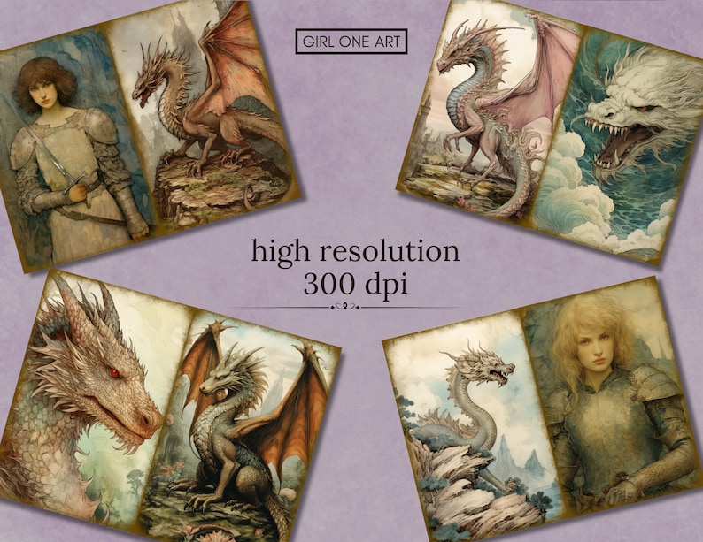 May include: A digital collage of six images featuring dragons and a knight. The images are in a watercolor style with a vintage aesthetic. The text "GIRL ONE ART" and "high resolution 300 dpi" are visible in the image.