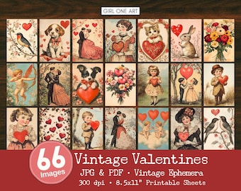 Vintage Valentines Ephemera Bundle Romantic Junk Journal Printable Victorian Love Floral ATC Postcard Heart Paper Retro Valentine&#39;s Day Card