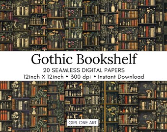 Gothic Bookshelf Digital Paper: Dark Cottagecore Seamless Patterns (JPEG & PDF)