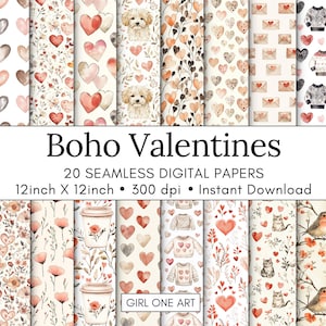 Boho Valentines Seamless Paper Stampabile JPG Journal Sfondi per San Valentino Bundle Cuori Motivi Amore Romantico Shabby Chic Planner