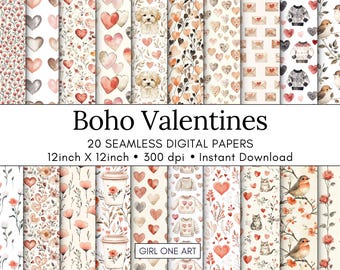 Könnte beinhalten: Ein Set mit 20 digitalen Papieren mit verschiedenen Mustern zum Thema Valentinstag. Die Muster beinhalten Herzen, Blumen, Vögel und andere romantische Elemente. Die Papiere sind 30,5 cm x 30,5 cm groß und haben eine Auflösung von 300 dpi. Der Text "Boho Valentines" und "Girl One Art" ist ebenfalls im Bild enthalten.