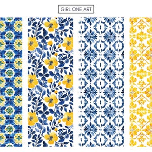 May include: Four different seamless patterns in blue and yellow. The patterns are all geometric and feature a variety of shapes and designs. The patterns are perfect for use in a variety of projects, such as fabric, wallpaper, and wrapping paper.