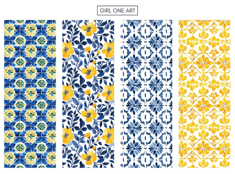 May include: Four different seamless patterns in blue and yellow. The patterns are all geometric and feature a variety of shapes and designs. The patterns are perfect for use in a variety of projects, such as fabric, wallpaper, and wrapping paper.