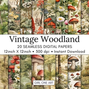 Vintage Woodland imprimable papier sans couture JPG fée Junk Journal Télécharger forêt magique arrière-plans champignons contes de fées Scrapbookings