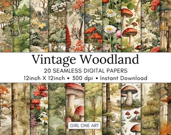 Vintage Woodland Printable Paper Seamless JPG Fairy Junk Journal Download Magical Forest Backgrounds Mushrooms Fairytale Scrapbook Papers