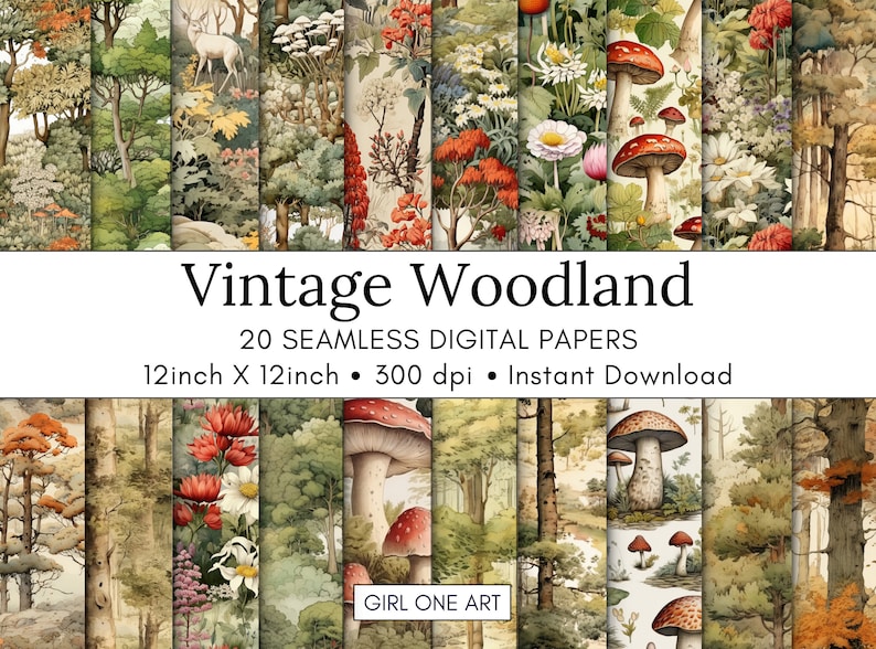 20 Vintage Woodland Printable Paper Seamless Fairy Junk Journal Digital Download Forest Magic Backgrounds Bundle Mushrooms Scrapbook Paper image 1