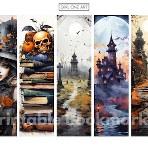 May include: Set of four printable bookmarks featuring a spooky Halloween theme. The bookmarks depict a girl in a witch's hat, a stack of books with a skull and pumpkins, a spooky house with a full moon, and a path through a graveyard.